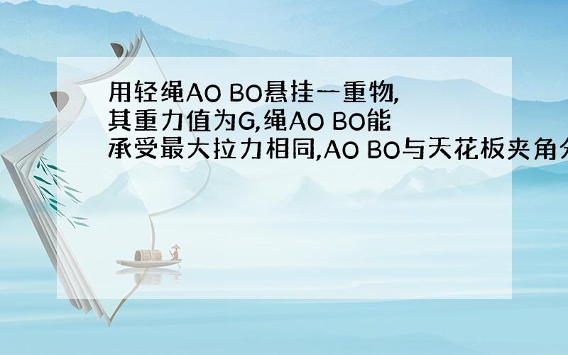 用轻绳AO BO悬挂一重物,其重力值为G,绳AO BO能承受最大拉力相同,AO BO与天花板夹角分别为60度30度 求