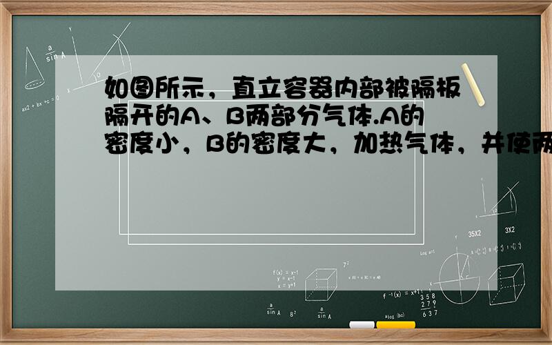 如图所示，直立容器内部被隔板隔开的A、B两部分气体.A的密度小，B的密度大，加热气体，并使两部分气体混合均匀，设在此过程