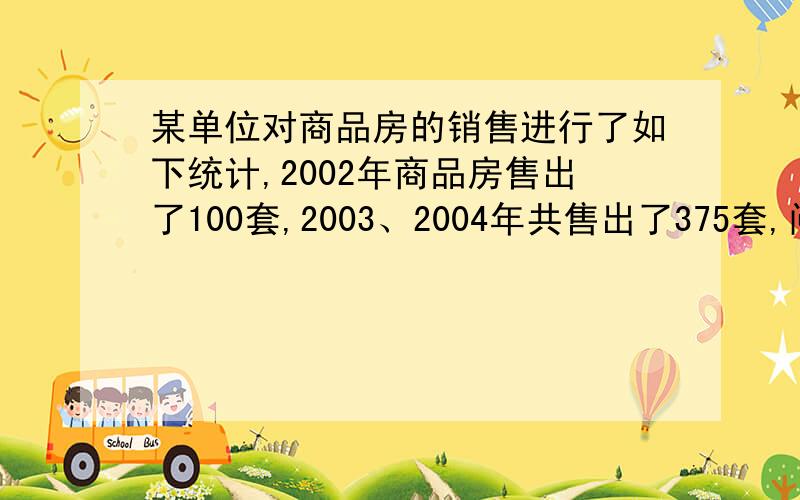 某单位对商品房的销售进行了如下统计,2002年商品房售出了100套,2003、2004年共售出了375套,问后两年平均每