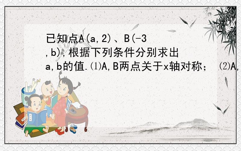 已知点A(a,2)、B(-3,b),根据下列条件分别求出a,b的值.⑴A,B两点关于x轴对称； ⑵A,B两点关于y轴对称