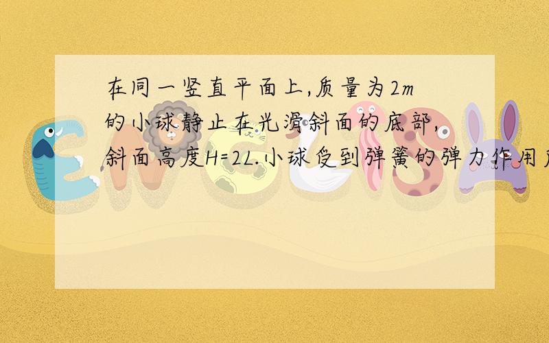 在同一竖直平面上,质量为2m的小球静止在光滑斜面的底部,斜面高度H=2L.小球受到弹簧的弹力作用后,沿斜面向上运动.离开