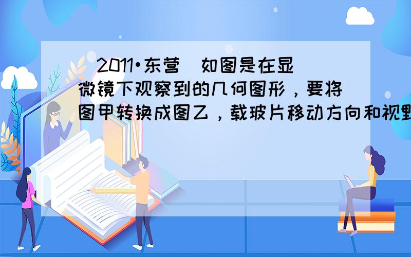 （2011•东营）如图是在显微镜下观察到的几何图形，要将图甲转换成图乙，载玻片移动方向和视野内的明暗变化是（　　）