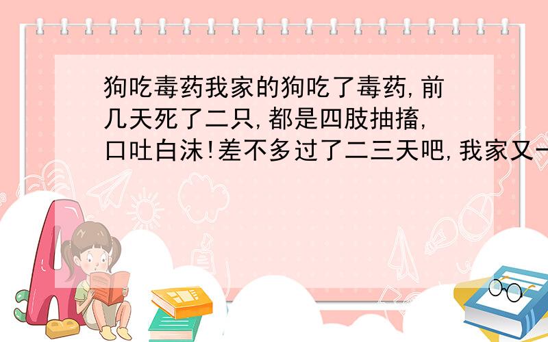 狗吃毒药我家的狗吃了毒药,前几天死了二只,都是四肢抽搐,口吐白沫!差不多过了二三天吧,我家又一只狗也出现了同样的症状,死