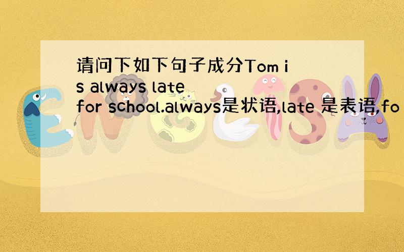 请问下如下句子成分Tom is always late for school.always是状语,late 是表语,fo