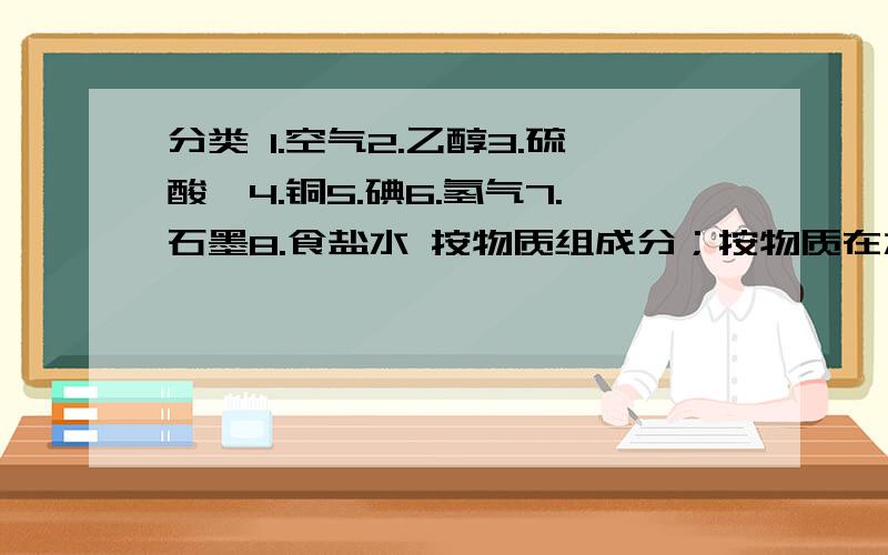 分类 1.空气2.乙醇3.硫酸铵4.铜5.碘6.氢气7.石墨8.食盐水 按物质组成分；按物质在水中