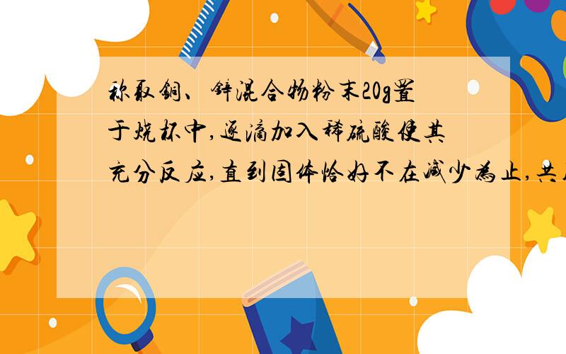 称取铜、锌混合物粉末20g置于烧杯中,逐滴加入稀硫酸使其充分反应,直到固体恰好不在减少为止,共用去98g稀硫酸,烧杯中剩