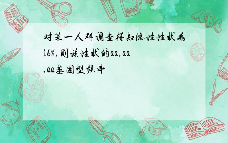 对某一人群调查得知隐性性状为16%,则该性状的aa,aa,aa基因型频率