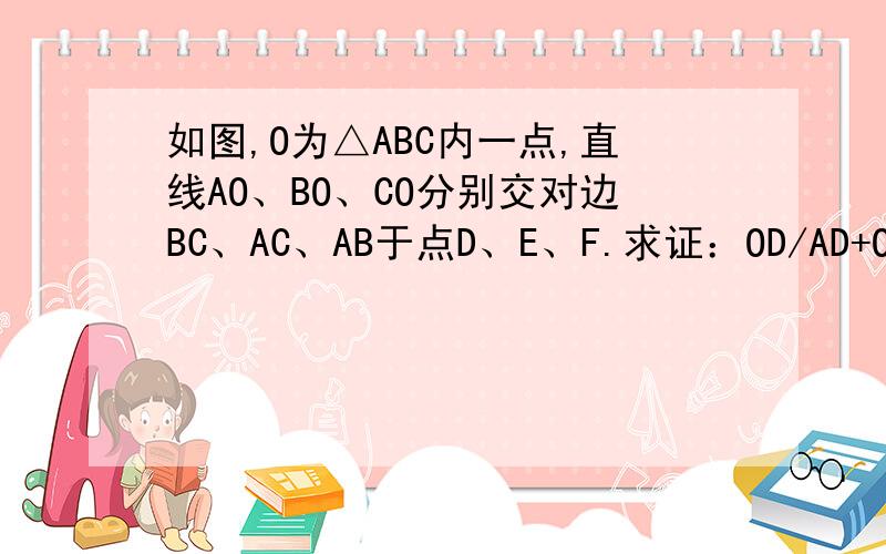 如图,O为△ABC内一点,直线AO、BO、CO分别交对边BC、AC、AB于点D、E、F.求证：OD/AD+OE/BE+O