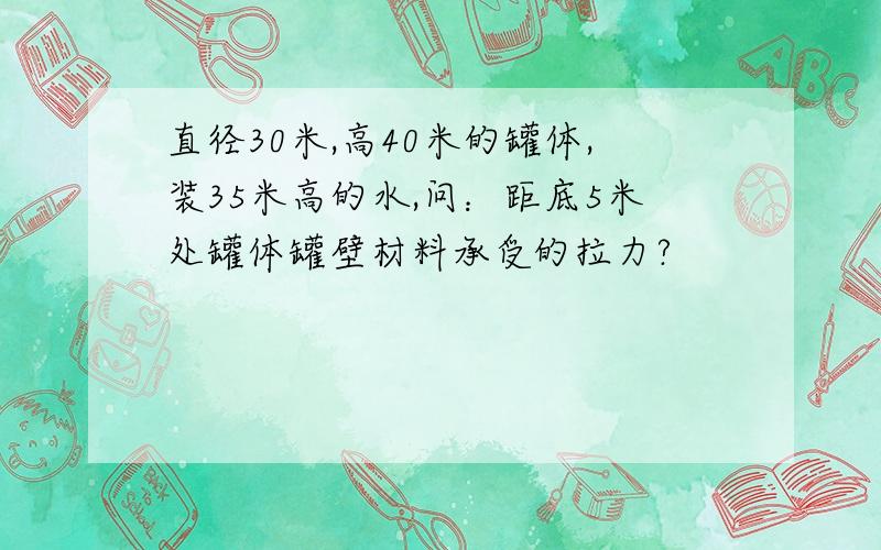 直径30米,高40米的罐体,装35米高的水,问：距底5米处罐体罐壁材料承受的拉力?