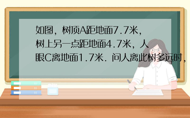 如图，树顶A距地面7.7米，树上另一点距地面4.7米，人眼C离地面1.7米．问人离此树多远时，看树冠AB这一段的视角最大