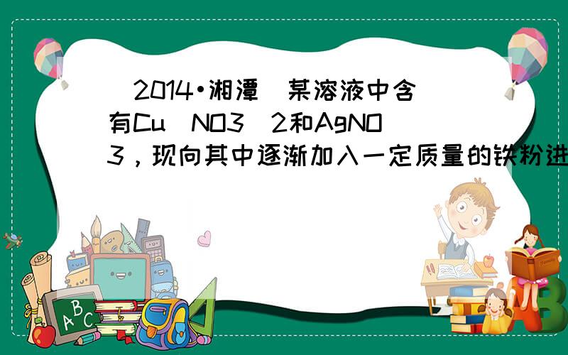 （2014•湘潭）某溶液中含有Cu（NO3）2和AgNO3，现向其中逐渐加入一定质量的铁粉进行处理，并绘制参加反应的铁的