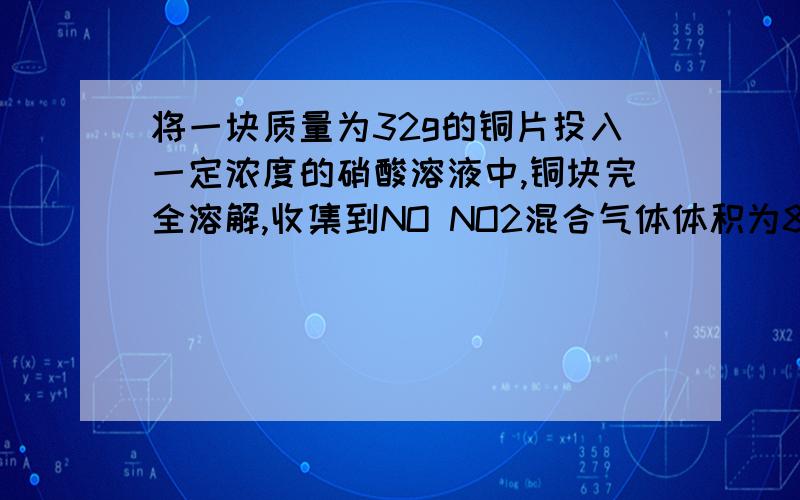 将一块质量为32g的铜片投入一定浓度的硝酸溶液中,铜块完全溶解,收集到NO NO2混合气体体积为8.96L（标准状况下）