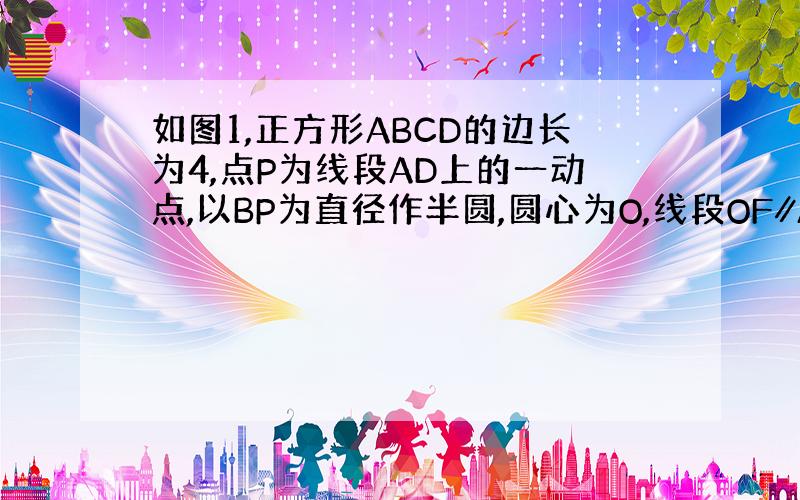 如图1,正方形ABCD的边长为4,点P为线段AD上的一动点,以BP为直径作半圆,圆心为O,线段OF∥AD,OF与CD相交