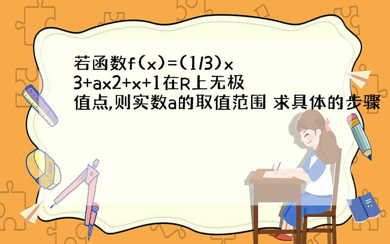 若函数f(x)=(1/3)x3+ax2+x+1在R上无极值点,则实数a的取值范围 求具体的步骤