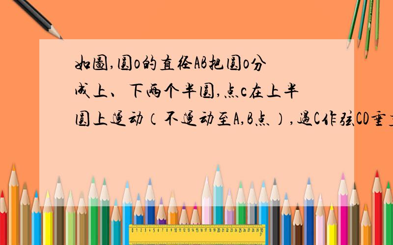 如图,圆o的直径AB把圆o分成上、下两个半圆,点c在上半圆上运动（不运动至A,B点）,过C作弦CD垂直AB,