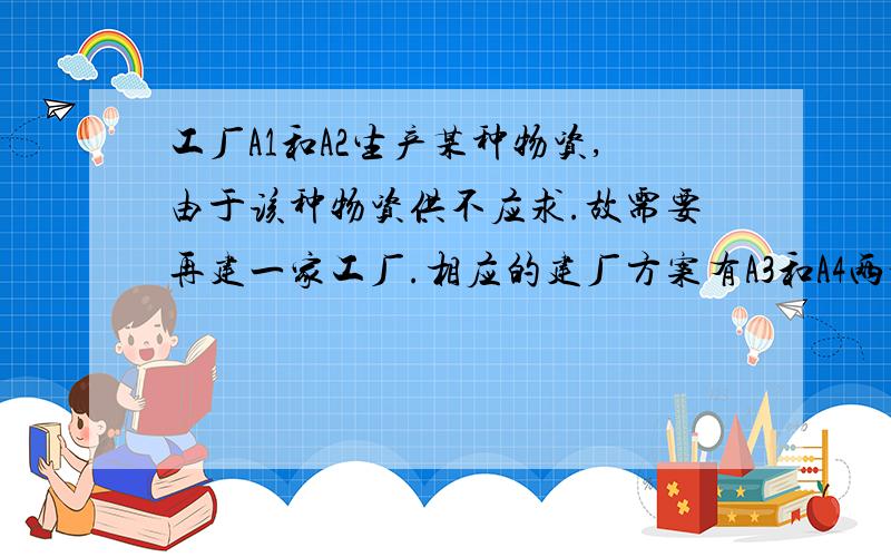 工厂A1和A2生产某种物资,由于该种物资供不应求.故需要再建一家工厂.相应的建厂方案有A3和A4两个,这种物资的需求地有