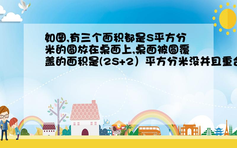 如图,有三个面积都是S平方分米的圆放在桌面上,桌面被圆覆盖的面积是(2S+2）平方分米没并且重合的两