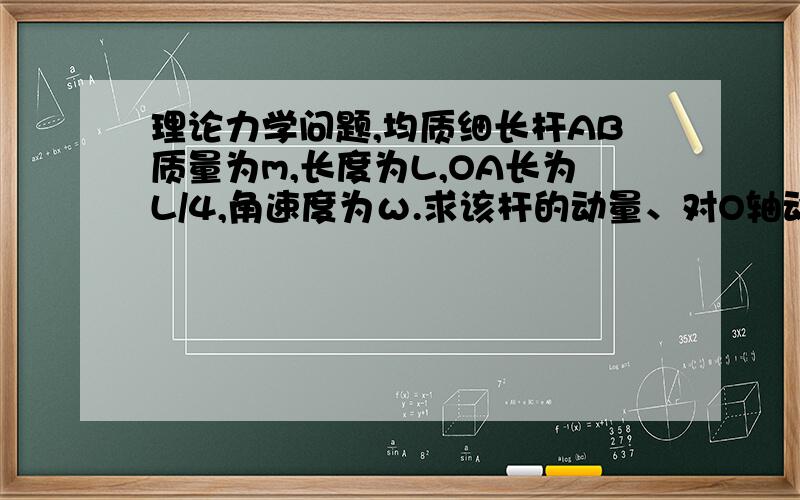 理论力学问题,均质细长杆AB质量为m,长度为L,OA长为L/4,角速度为ω.求该杆的动量、对O轴动量矩以及杆的动能.