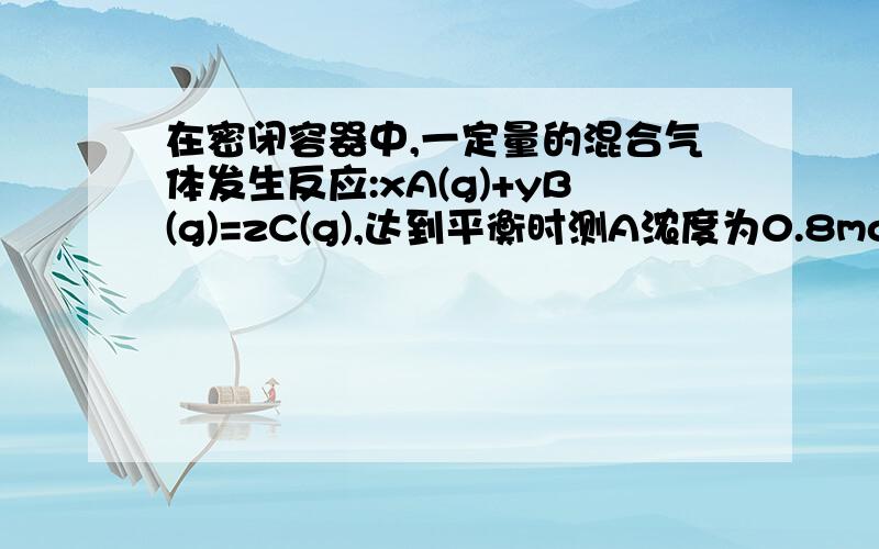 在密闭容器中,一定量的混合气体发生反应:xA(g)+yB(g)=zC(g),达到平衡时测A浓度为0.8mol/L,在温度