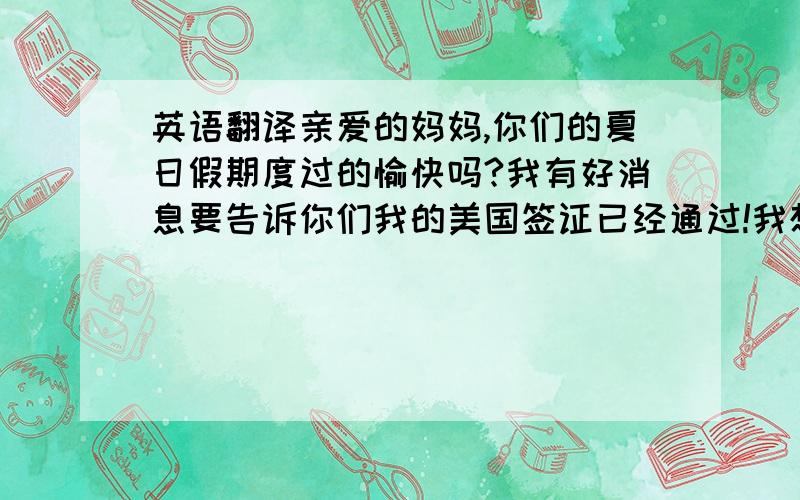 英语翻译亲爱的妈妈,你们的夏日假期度过的愉快吗?我有好消息要告诉你们我的美国签证已经通过!我想和你们协商一下到美国的时间