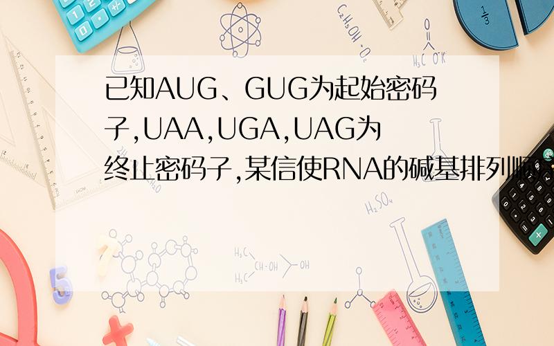 已知AUG、GUG为起始密码子,UAA,UGA,UAG为终止密码子,某信使RNA的碱基排列顺序如下：AUUC-GAUGA