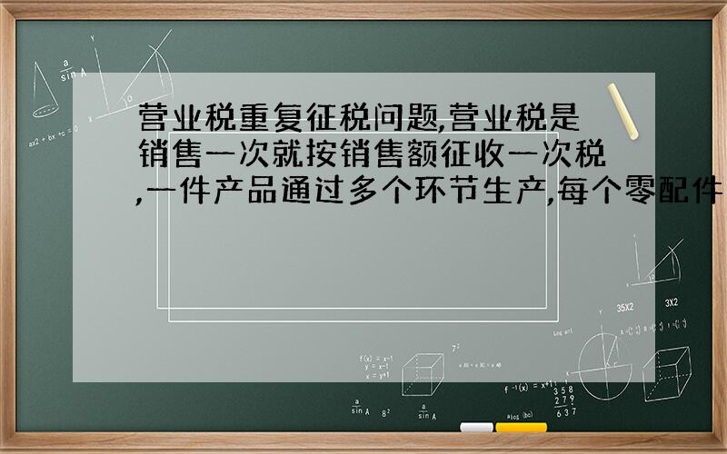 营业税重复征税问题,营业税是销售一次就按销售额征收一次税,一件产品通过多个环节生产,每个零配件生产都收税,转卖一次收一次