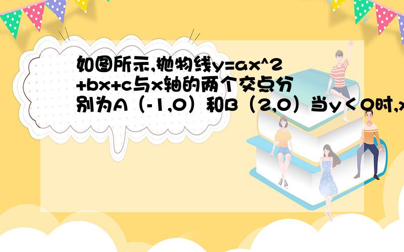 如图所示,抛物线y=ax^2+bx+c与x轴的两个交点分别为A（-1,0）和B（2,0）当y＜0时,x的取值范围是?