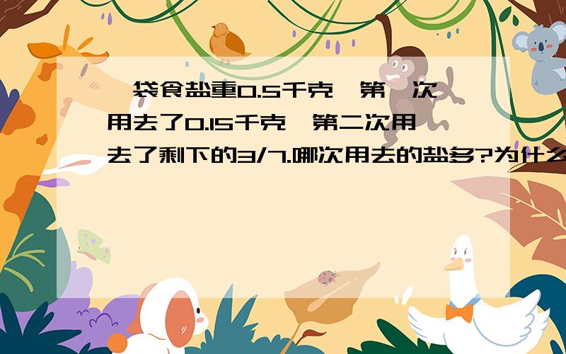 一袋食盐重0.5千克,第一次用去了0.15千克,第二次用去了剩下的3/7.哪次用去的盐多?为什么?