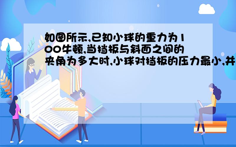 如图所示,已知小球的重力为100牛顿,当挡板与斜面之间的夹角为多大时,小球对挡板的压力最小,并求出这个最小值.