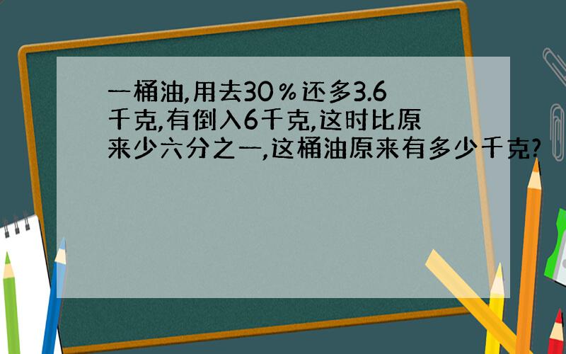 一桶油,用去30％还多3.6千克,有倒入6千克,这时比原来少六分之一,这桶油原来有多少千克?