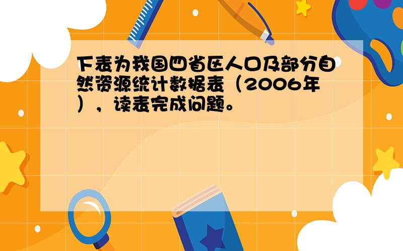 下表为我国四省区人口及部分自然资源统计数据表（2006年），读表完成问题。