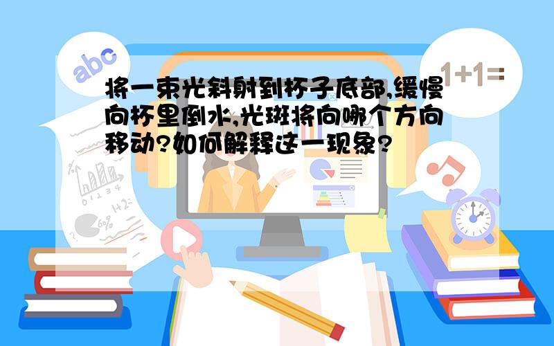 将一束光斜射到杯子底部,缓慢向杯里倒水,光斑将向哪个方向移动?如何解释这一现象?