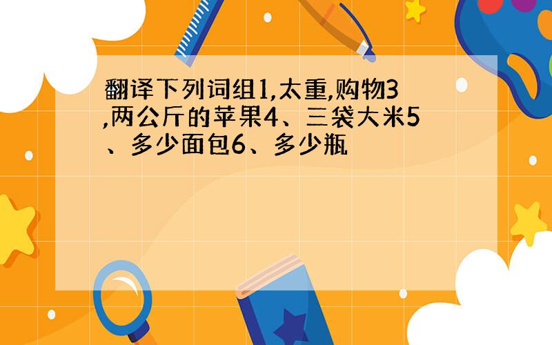 翻译下列词组1,太重,购物3,两公斤的苹果4、三袋大米5、多少面包6、多少瓶