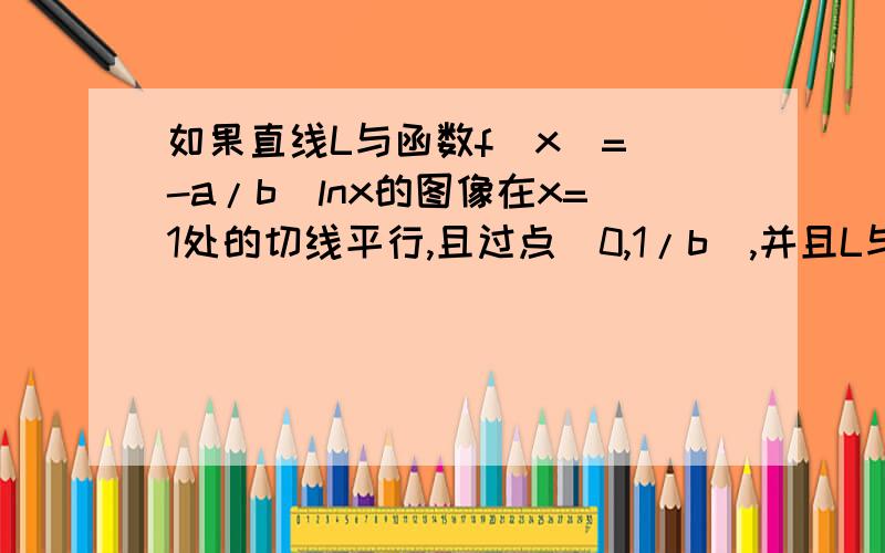 如果直线L与函数f(x)=(-a/b)lnx的图像在x=1处的切线平行,且过点（0,1/b）,并且L与圆C：x^2+y^