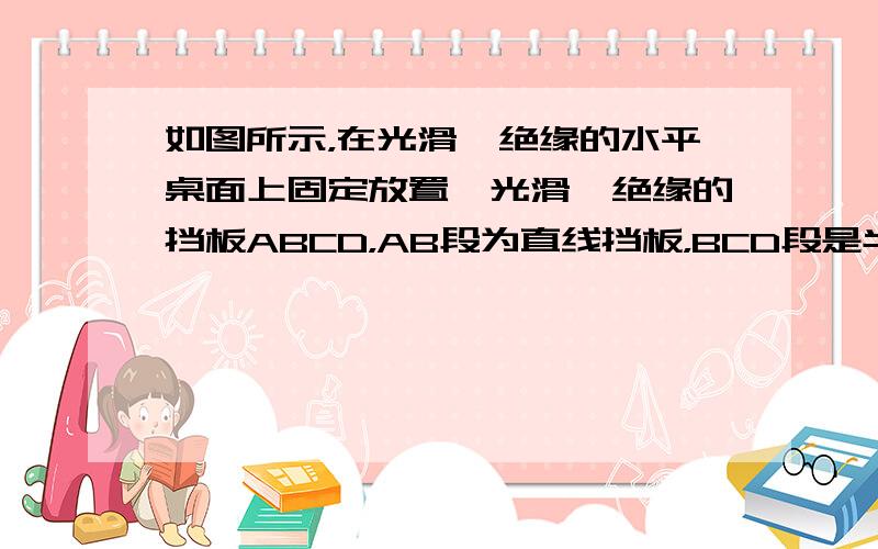 如图所示，在光滑、绝缘的水平桌面上固定放置一光滑、绝缘的挡板ABCD，AB段为直线挡板，BCD段是半径为R的圆弧挡板，挡