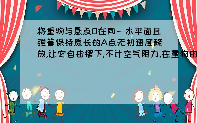 将重物与悬点O在同一水平面且弹簧保持原长的A点无初速度释放,让它自由摆下,不计空气阻力,在重物由A点摆向最低点的过程机械