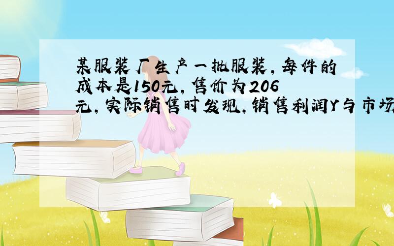 某服装厂生产一批服装,每件的成本是150元,售价为206元,实际销售时发现,销售利润Y与市场临时降价x的关系式y= -x