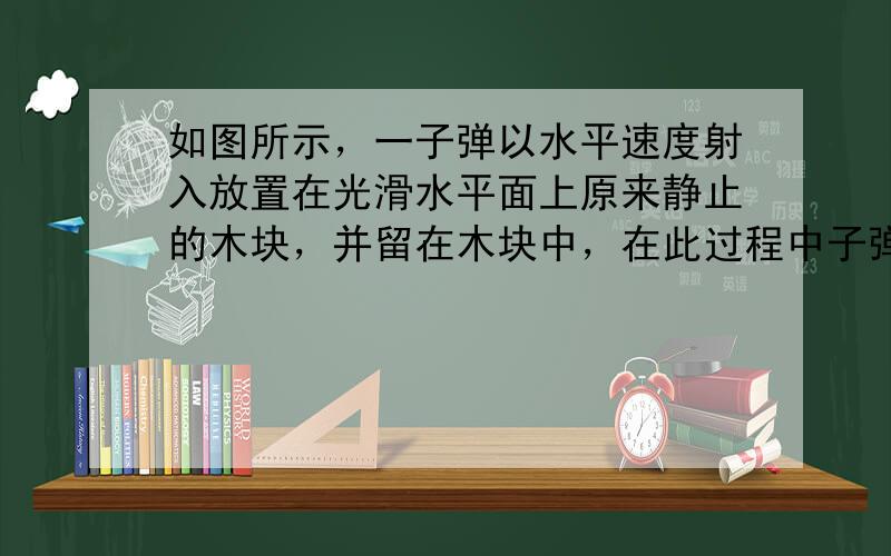 如图所示，一子弹以水平速度射入放置在光滑水平面上原来静止的木块，并留在木块中，在此过程中子弹钻入木块的深度为d，木块的位