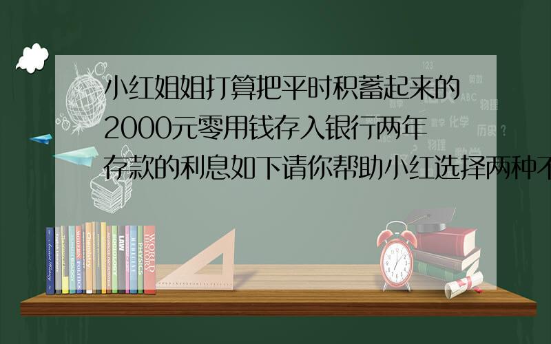 小红姐姐打算把平时积蓄起来的2000元零用钱存入银行两年存款的利息如下请你帮助小红选择两种不同的存法