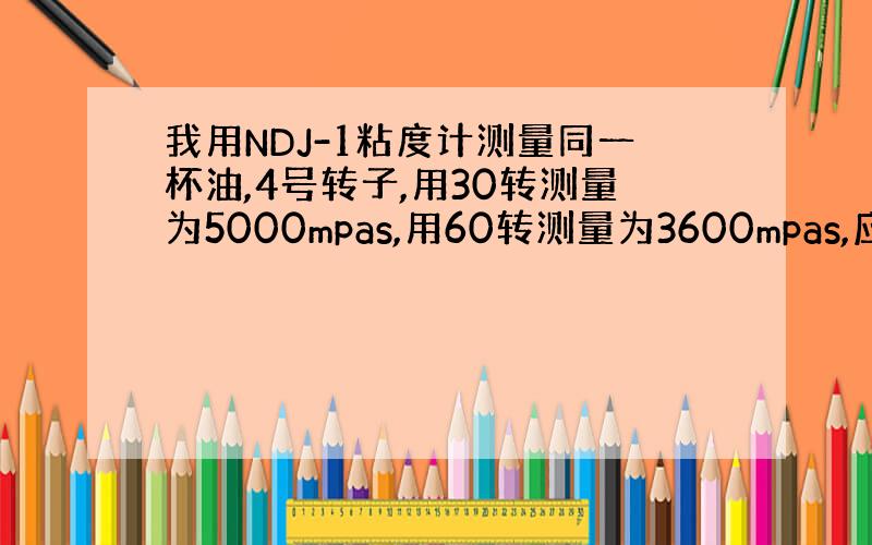 我用NDJ-1粘度计测量同一杯油,4号转子,用30转测量为5000mpas,用60转测量为3600mpas,应该相信哪个