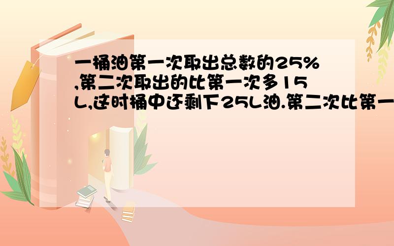 一桶油第一次取出总数的25%,第二次取出的比第一次多15L,这时桶中还剩下25L油.第二次比第一次多取了百分之