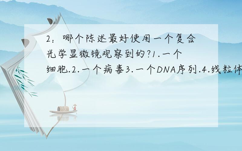 2：哪个陈述最好使用一个复合光学显微镜观察到的?1.一个细胞.2.一个病毒3.一个DNA序列.4.线粒体的内表面