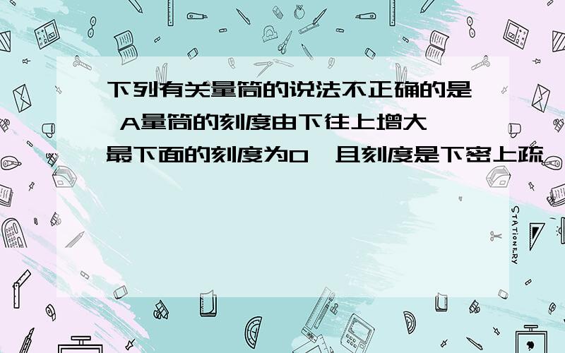 下列有关量筒的说法不正确的是 A量筒的刻度由下往上增大,最下面的刻度为0,且刻度是下密上疏