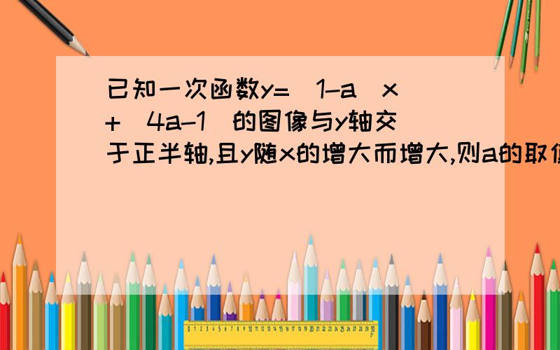 已知一次函数y=（1-a）x+（4a-1）的图像与y轴交于正半轴,且y随x的增大而增大,则a的取值范围是