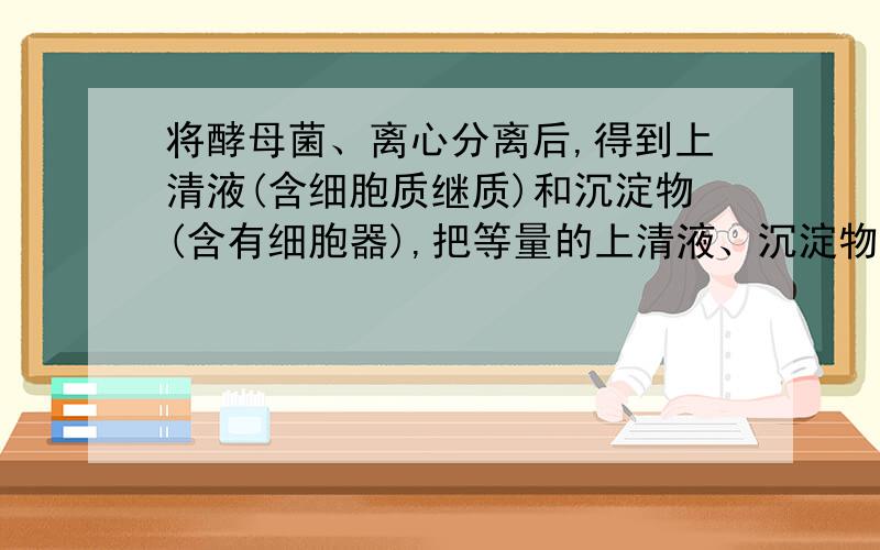 将酵母菌、离心分离后,得到上清液(含细胞质继质)和沉淀物(含有细胞器),把等量的上清液、沉淀物和未离心处理的匀浆分别放入