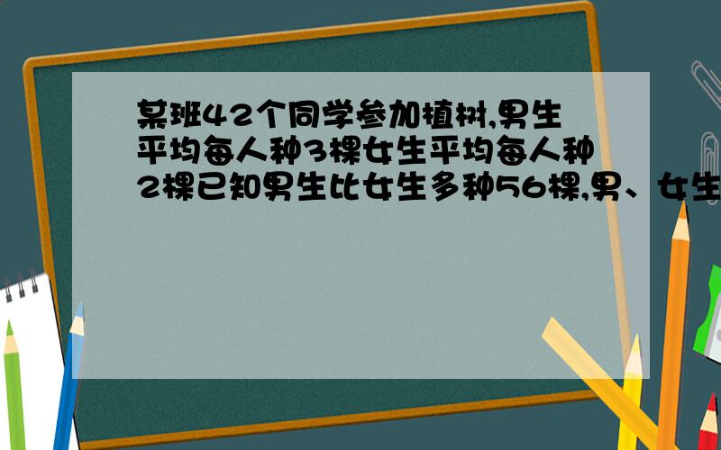 某班42个同学参加植树,男生平均每人种3棵女生平均每人种2棵已知男生比女生多种56棵,男、女生 假设法解