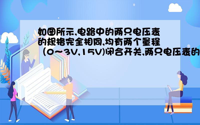 如图所示,电路中的两只电压表的规格完全相同,均有两个量程（0～3V,15V)闭合开关,两只电压表的指针偏转角度相同,则电