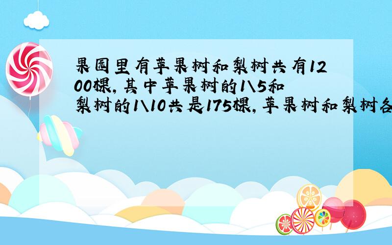 果园里有苹果树和梨树共有1200棵,其中苹果树的1\5和梨树的1\10共是175棵,苹果树和梨树各有多少棵?