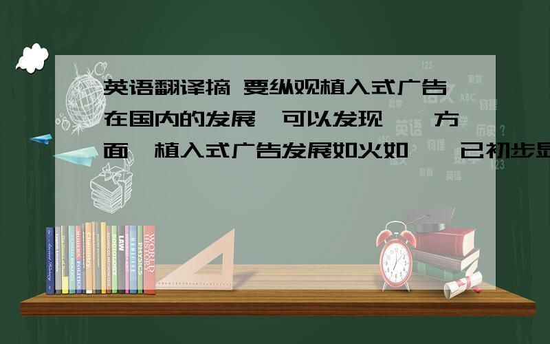 英语翻译摘 要纵观植入式广告在国内的发展,可以发现,一方面,植入式广告发展如火如荼,已初步显示出巨大的经济效益,其发展前