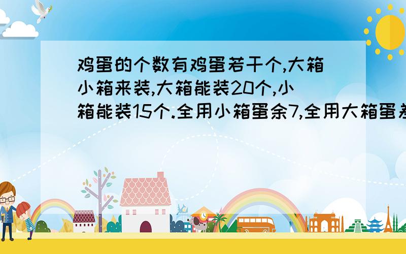 鸡蛋的个数有鸡蛋若干个,大箱小箱来装,大箱能装20个,小箱能装15个.全用小箱蛋余7,全用大箱蛋差8.有鸡蛋多少个?